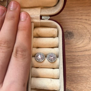 Silverfärgade örhängen med stenar - Eleganta silverfärgade örhängen med gnistrande stenar i mitten, omgivna av en rad mindre stenar. Perfekta för att ge en touch av glamour till din look.