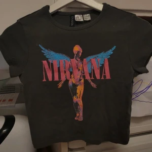 Svart Nirvana t-shirt med tryck - Cool svart t-shirt med färgglatt Nirvana-tryck på framsidan. T-shirten har korta ärmar och en rund halsringning. Perfekt för fans av bandet som vill ha en unik stil.