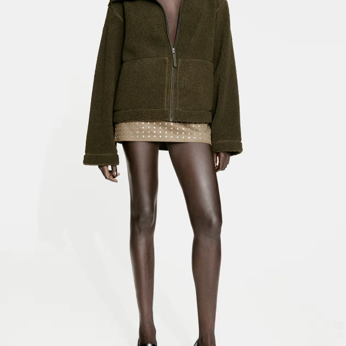 Olivgrön teddyjacka med dragkedja - 1