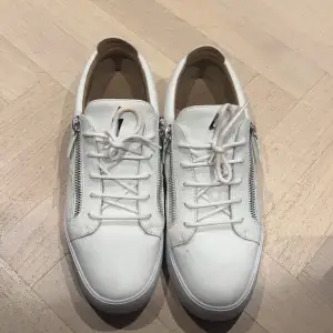 Säljer ett par stilrena vita sneakers i skinn med snörning och dragkedja på sidan. Perfekta för både vardag och fest! De är i mycket bra skick och passar till alla säsonger. Skorna har en klassisk design med en modern twist tack vare dragkedjan. Storlek 44 men passar också 45 bra.