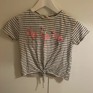 Randig t-shirt från Zara  - Söt randig t-shirt från Zara Kids med tre rosa flamingos på framsidan. Den har korta ärmar och en knytning framtill som ger en extra detalj. Den är i bra skick och jag säljer den för jag har växt ur den. Den är i storlek 122 och frakt betalar ni själva 💞💞😊