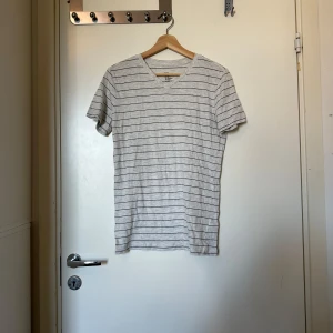 Grå och vit randig t-shirt från H&M - Säljer en stilren grå och vit randig t-shirt från H&M. Den har en v-ringad hals och korta ärmar, perfekt för en avslappnad look. Gjord i mjukt bomullsmaterial för extra komfort. Storlek XS passar även en S. 