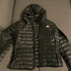 Svart dunjacka från Adidas - Säljer en svart dunjacka från Adidas med huva och dragkedja. Jackan har ett quiltat mönster och är perfekt för kyligare dagar. Den är lätt och smidig at bära med sig. Det är en perfekt vårjacka! 