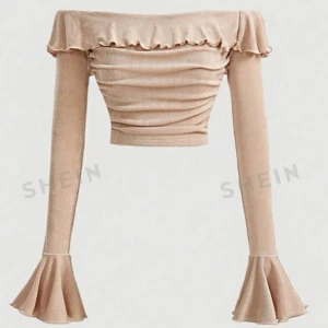 En långärmad aprikos färgad tröja✨ - Axelfri Puff Ärm Grödad T-shirts Med Rynkig Design✨✨