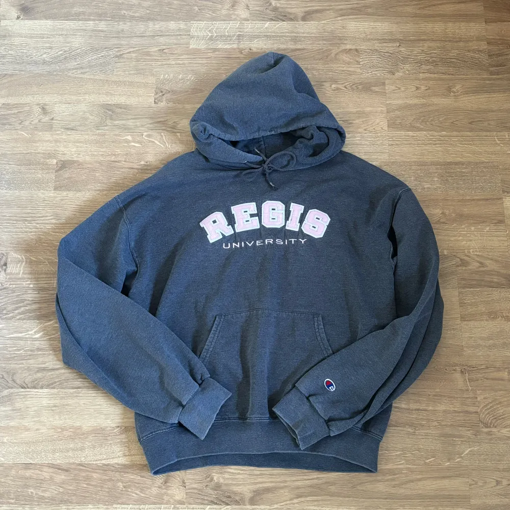 Grå champion hoodie med rosa text , köpt vintage. Fint skick förutom att den har ett litet litet hål på framsidan (se bild). Storlek M. Skriv privat för mått eller fler bilder ❤️‍🔥. Hoodies.