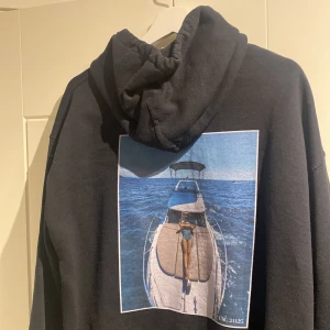 Svart godis med bildtryck på ryggen, L - Säljer nu min svarta hoodie med ett RIKTIGT snyggt tryck på ryggen som jag endast använt 2-3 gånger då den helt enkelt inte kommer till användning! Storlek L, nypris 899kr