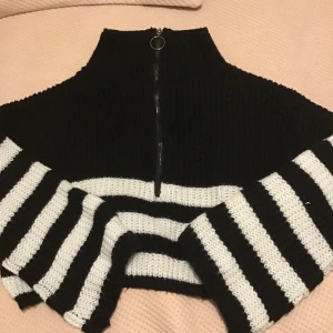 En svart tröja med vita ränder - Helt vanlig basic tröja med en dragkedja.