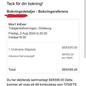 Säljer en biljett till hov1s konsert i Göteborg den 2 augusti😁köpt för 595