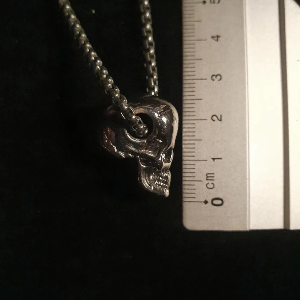 Coolt döskalle halsband i mörk silver, linjal som referens på sista bilden, kedja 60 cm :) . Accessoarer.