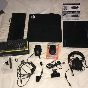 Gamling prylar  - Hej säljer gamling prylar, k65 RGB Mini keyboard 10/10 skick,hyperx kebord 6/10 skick, steelseries mus 10/10 skick, razer mus 8/10 skick, hyperx headset bra skick på dom har även box till dom och andra öron puffar. Skriv till mig för mer info. 