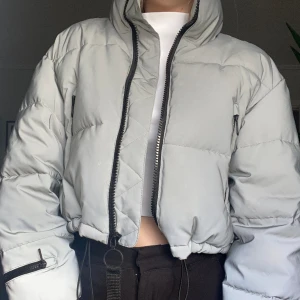 Reflex jacka Urban outfitters - Säljer denna coola croppade jacka i reflex från Urban Outfitters! Den har tappat lite av sin reflex vid kragen men är ingenting man tänker på, samt att det är några fläckar på samma ställe (se bild). Annars är den knappt använd! Storlek s🥰