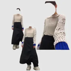 white handmade bolero that simulates mesh and is roughly croched and distressed with intention  cotton 100% the blue handcuffs are not attached