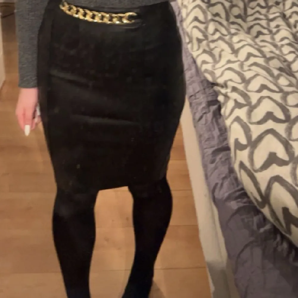 En lång skinn-kjol med guld plast kjedja, köpt för typ ett år sen och använd en gång. . Hameet.