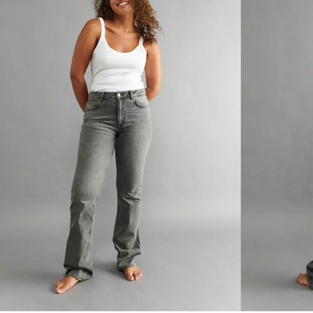 Säljer mina gråa jeans från Gina som jag inte använder längre. de är i väldigt bra skick Bra längd på mig som är 173. Jeans & Byxor.