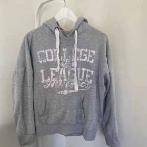 Grå hoodie - Inte noppig på utsidan. Skulle säga storlek S, eller XS om man vill ha den overzised.