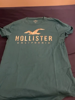 Grön Hollister t-shirt med tryck - Snygg grön t-shirt från Hollister med stort logotryck i vitt och beige på bröstet. Klassisk rund halsringning och korta ärmar. Perfekt för en avslappnad och trendig stil.