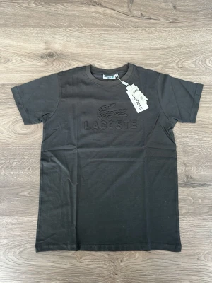 Svart t-shirt från Lacoste - Snygg svart t-shirt från Lacoste med klassisk krokodil-logga och broderad text på bröstet. T-shirten har rund halsringning och korta ärmar. Perfekt för en stilren och enkel look.