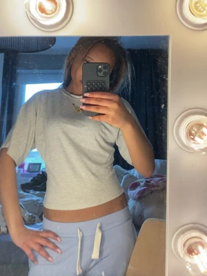 Ljusgrå croppad t-shirt - Säljer en enkel och stilren ljusgrå croppad t-shirt med korta ärmar. T-shirten har en tight passform och är tillverkad i mjuk bomull, perfekt för en avslappnad look. Inga synliga loggor eller tryck.