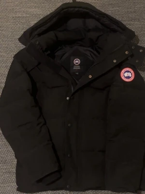 Svart dunjacka från Canada Goose - Säljer en svart dunjacka från Canada Goose med klassisk patch på ärmen. Jackan har huva, dragkedja och knappar framtill samt en stilren, puffig design som håller dig varm under kalla dagar. Perfekt för dig som vill ha både stil och funktion. Går även bra att byta 