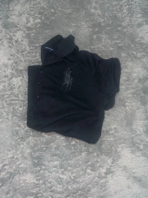 Polo Ralph Lauren Big Pony Polo Shirt - svart pikétröja från Polo Ralph Lauren. Den har den populära "Big Pony"-loggan broderad på bröstet i en matchande mörk nyans. Tröjan har en figurnära passform och är gjord i klassisk bomullspiké.  • Skick: Begagnat skick. Det finns en liten ljus fläck på framsidan (se närbild på sista bilden). 