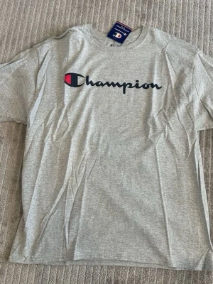 Grå Champion t-shirt med logga - Säljer en grå t-shirt från Champion med den klassiska loggan tryckt i svart, rött och blått över bröstet. T-shirten har rund hals och korta ärmar. Perfekt basic-plagg för en avslappnad stil.