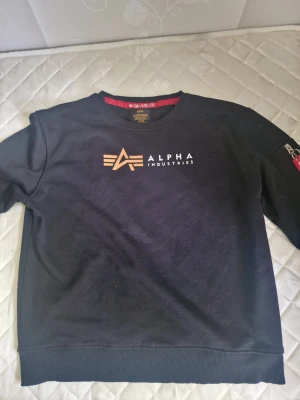Svart Alpha Industries hoodie - Svart hoodie från Alpha Industries med logga i guld och vitt på bröstet. Har en klassisk passform, rund hals och en ikonisk röd tag på ärmen med texten 'Remove Before Flight'. Perfekt för en streetwear-look.