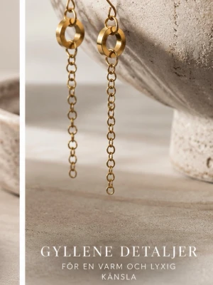 Guldpläterade stål kedjeörhängen - Säljer ett par trendiga örhängen i guldpläterad stål  med cirkelformade detaljer och hängande kedjor. De har en minimalistisk och modern design som ger en lyxig känsla. Perfekta för dig som gillar stilrena accessoarer med det lilla extra.