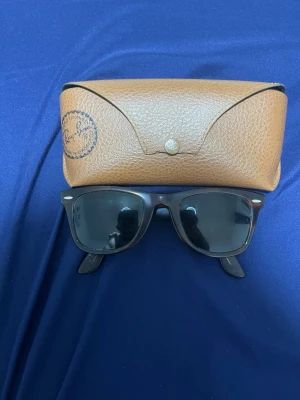  Ray-Ban Wayfarer solglasögon - Klassiska svarta Wayfarer solglasögon från Ray-Ban med mörka glas och stilren design. Kommer med ett brunt fodral i skinnimitation med Ray-Ban-logga. Perfekta för att lyfta din stil under soliga dagar. Om du köper får du en present 