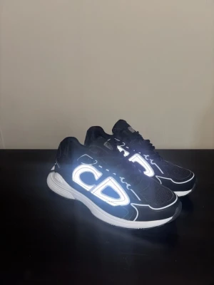 Svarta Dior sneakers med reflexdetaljer - Snygga svarta Dior sneakers med stora reflekterande CD-loggor på sidorna och vita sulor. Skorna har en sportig siluett, mesh- och textilmaterial samt svarta snören. Perfekta för dig som vill sticka ut med exklusiva detaljer och modern design.