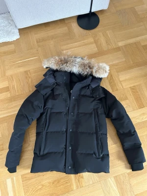 Svart pufferjacka med päls från Canada Goose - Säljer en svart pufferjacka från Canada Goose med stor huva och avtagbar pälsdetalj. Jackan har klassisk quiltad design, två sidofickor och muddar vid ärmsluten. Perfekt för kalla vinterdagar och riktigt snygg design:)