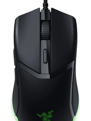 Razer cobra gamingmus svart - Säljer en svart Razer cobra gamingmus med sladd och RGB-belysning. Musen har en slimmad och symmetrisk design, programmerbara sidoknappar och en grön logotyp som lyser. Perfekt för gaming och snabba rörelser tack vare låg vikt och responsiva knappar.