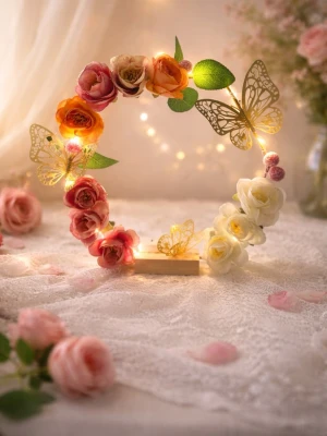 Blommig hårkrans med LED och fjärilar - Magisk hårkrans dekorerad med konstgjorda rosor i rosa, orange och vitt, gröna blad, guldiga fjärilar och små LED-lampor som ger ett drömmigt sken. Perfekt accessoar för festival eller sommarfest. Sitter på en tunn metalltråd för flexibel passform.