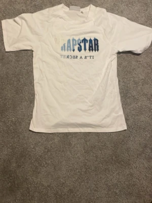 Vit Trapstar t-shirt med blå text - Säljer en vit t-shirt från Trapstar med broderad text i olika blå nyanser och vitt på bröstet där det står 'Trapstar It's a secret'. Klassisk passform och korta ärmar, perfekt till streetwear-stilen. Kan passa mindre!