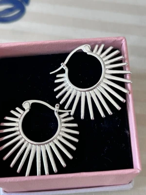 solstråleformade örhängen - Coola örhängen i silverfärgad metall med solstråleformad design. Runda hoops med utstickande stavar som ger en edgy och unik look. Perfekta för att lyfta vilken outfit som helst.