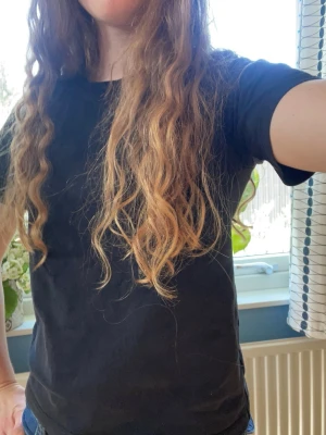 Svart basic t-shirt i bomull - Enkel svart t-shirt med rund hals och korta ärmar. Modellen är klassisk och passar till det mesta. Tillverkad i mjuk bomull för en skön känsla hela dagen. Jag är 165cm och bär en xs som blivit för kort.