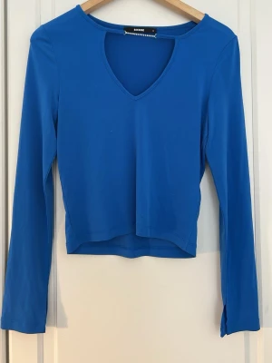 Viral topp - Snygg blå långärmad topp från Bik Bok med v-ringning och en unik detalj vid halsen. Toppen är den virala