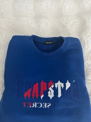 Blå sweatshirt från Trapstar - Säljer en blå sweatshirt från Trapstar med tryck i rött, vitt och blått på bröstet där det står 'Trapstar It's a Secret'. Tröjan har rund halsringning och är tillverkad i mjukt bomullsmaterial. Perfekt för en streetwear-look.