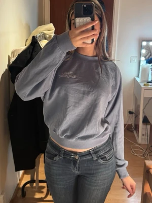Ljusblå sweatshirt  - Säljer en ljusblå sweatshirt från H&M med broderad text på bröstet. Tröjan är i super bra skick!💕