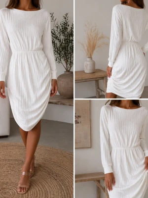 Vit ribbad klänning med lång ärm - Säljer en snygg vit klänning med ribbad struktur och långärmad design. Klänningen har en rund halsringning och elastisk midja som ger en smickrande passform. Materialet är mjukt och stretchigt, perfekt för dig som gillar stilrena plagg med lite extra detalj. Testad och tvättad en gång annars helt oanvänd.