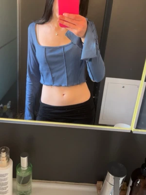 Blå croppad topp med snörning - Säljer en blå croppad topp med långa ärmar och snygg snörning i ryggen. Toppen har en fyrkantig halsringning och är tillverkad i ribbad polyester. 