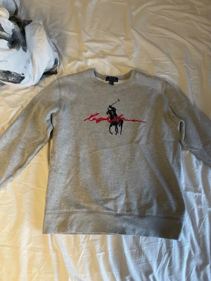 Grå sweatshirt från Polo Ralph Lauren - Grå sweatshirt från Polo Ralph Lauren med klassiskt polospelartryck i svart och röd signaturtext på bröstet. Rund halsringning och mjukt material, perfekt för en avslappnad och stilren look.