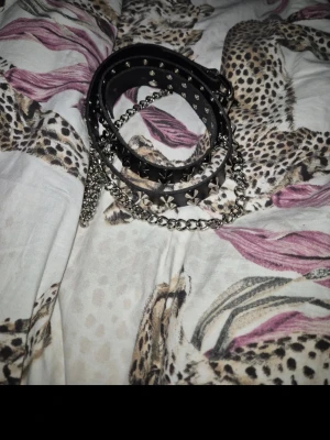 Nitbälte! - Säljer mitt coola nitbälte! Köpt på Blue Fox typ 2023. Har gjort eget hål men klippt av resten av hålen/bältet som syns på bilderna. Något kring 86cm i längd. Skriv för frågor! Katt finns i hemmet!