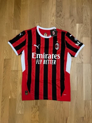 AC Milan matchtröja Puma röd/svart - Snygg AC Milan matchtröja från Puma i rött och svart med vita detaljer. Klassiska vertikala ränder, klubbmärke och Puma-logga på bröstet samt sponsortryck 'Emirates Fly Better' framtill. Tillverkad i lätt och ventilerande polyester, perfekt för fotbollsträning.