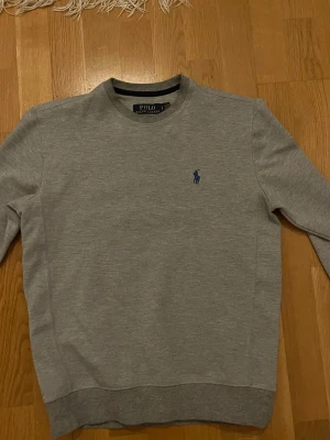 Grå sweatshirt från Polo Ralph Lauren - Klassisk grå sweatshirt från Polo Ralph Lauren med rund halsringning och blå broderad logga på bröstet. Tröjan har ribbade muddar vid ärmslut och nederkant. Perfekt för en avslappnad och stilren look.