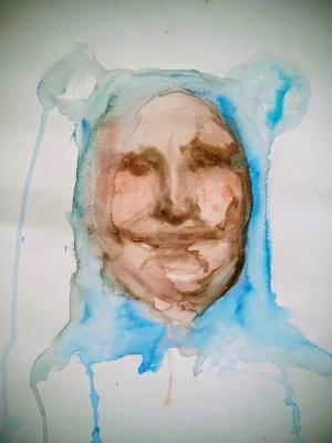 Akvarellmålning med blå detaljer - Unik akvarellmålning på vitt papper med blå och ljusblå färgdetaljer. Motivet har två runda former upptill som kan tolkas som öron och mjuka färgövergångar. Perfekt som personlig väggdekoration eller present. Orginal