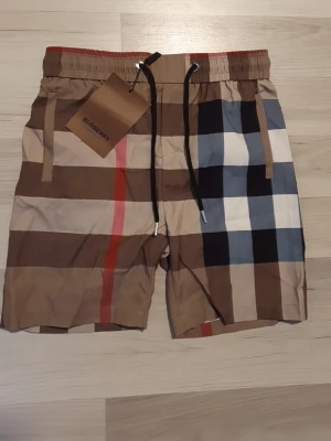 Rutig Burberry shorts med snörning - Säljer ett par klassiska rutiga shorts från Burberry med beige, bruna, svarta, vita och röda toner. Shortsen har snörning i midjan och elastisk linning för skön passform. Perfekta för sommaren och har den ikoniska Burberry-looken.