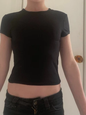 Svart croppad t-shirt från H&M - Säljer en svart croppad t-shirt från H&M. T-shirten har korta ärmar och en tight passform som sitter snyggt på kroppen. Perfekt till jeans eller kjol för en enkel och stilren look.