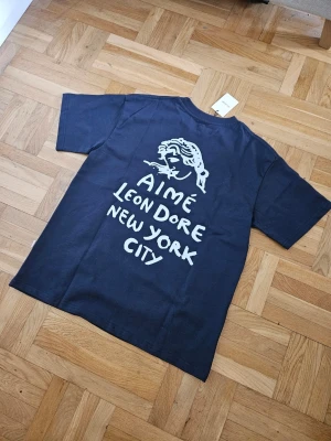 Mörkblå Aimé Leon Dore t-shirt - Snygg mörkblå t-shirt från Aimé Leon Dore med vit grafisk print och texten 'New York City' både fram och bak. Klassisk passform med rund hals och korta ärmar. Perfekt för dig som gillar streetwear och vill sticka ut lite extra.