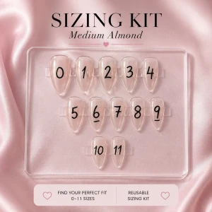 Sizing kit Medium Almond press-on - Sizing kit för press-on naglar i formen medium almond. Innehåller 12 transparenta naglar i storlekarna 0-11 för att hitta din perfekta passform. Perfekt för att mäta innan du beställer ett set press-on naglar.