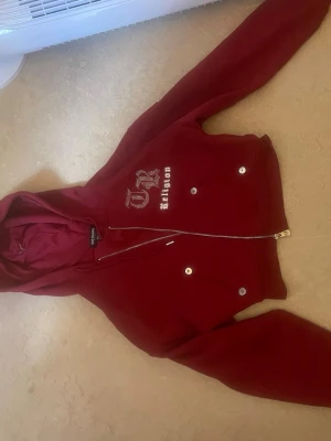 Vinröd hoodie från True Religion - Säljer en vinröd hoodie från True Religion med dragkedja och huva. Hoodien har glittriga stenar som bildar loggan på bröstet och texten 'True Religion' längs ärmarna. Fickor framtill med silvriga knappar. Perfekt för en trendig och avslappnad stil. Oanvänd 